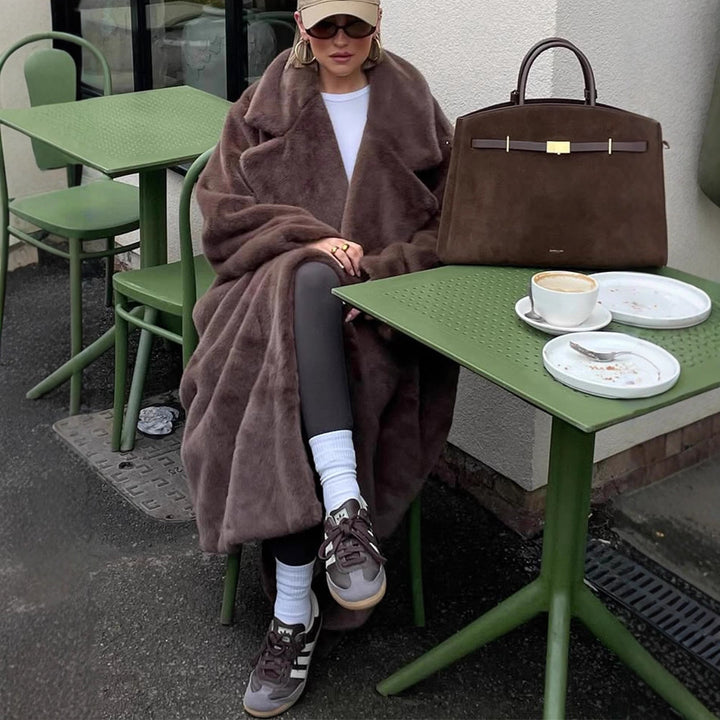 Damen Oversize Kunstfell-Maximantel mit weitem Revers Drune