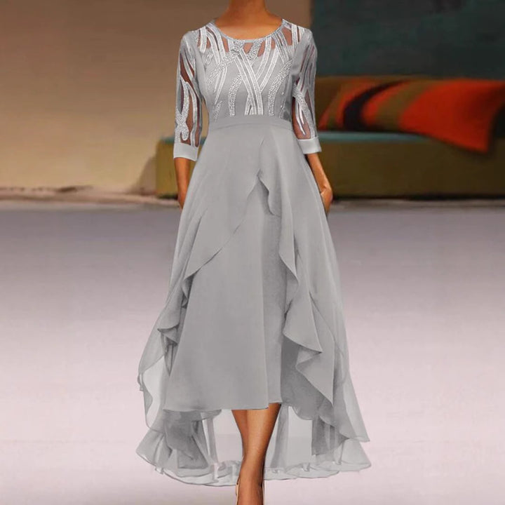 Damen nan edles Chiffon-Abendkleid mit besticktem Tülloberteil, Dreiviertelärmeln und asymmetrischem Stufen-Saum Drune