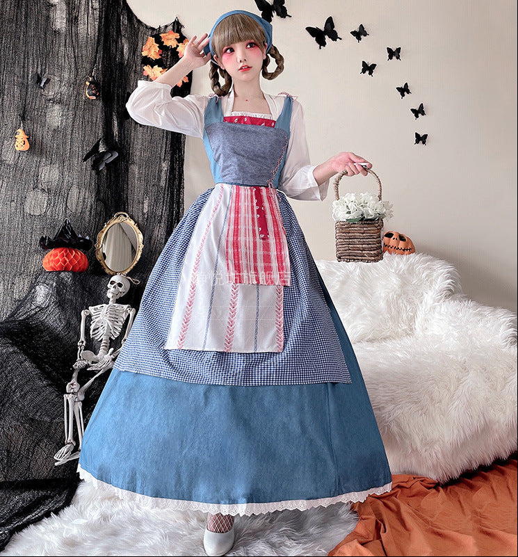 Damen Vintage Schürzenkleid mit fließendem Rock und zarten Rüschendetails Drune