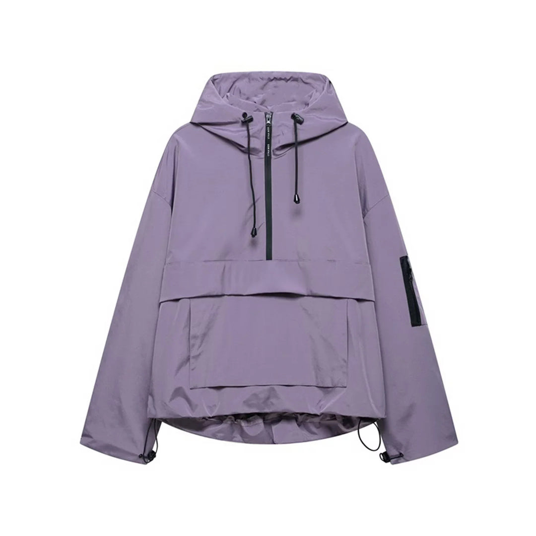 Damen nan winddichte Anorak-Pulloverjacke mit Kapuze, halbem Reißverschluss und großer Kängurutasche Drune
