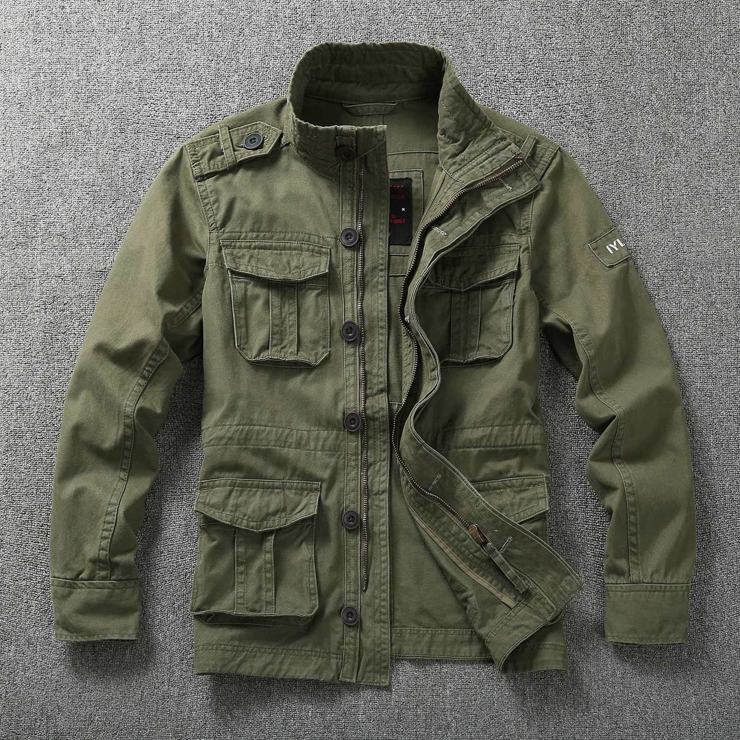 Herren Militärische Feldjacke aus Baumwoll-Mix mit Stehkragen und Multifunktionstaschen Drune