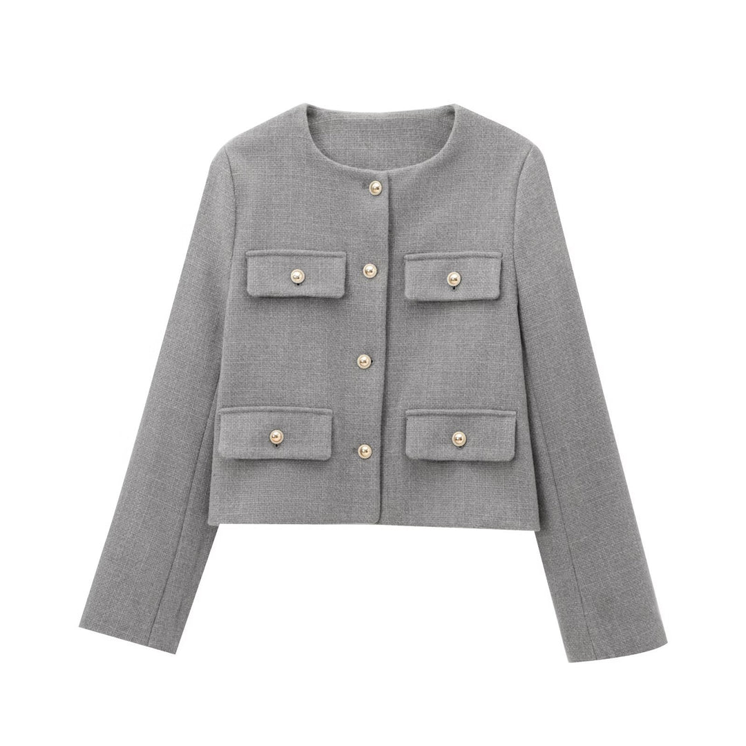 Damen nan kurz geschnittene Bouclé-Tweedjacke mit Rundhalsausschnitt Zierknopfdetails und aufgesetzten Pattentaschen Drune