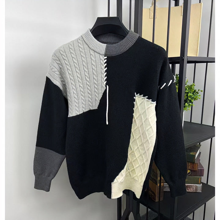 Unisex Patchwork-Oversize-Strickpullover mit Zopf- und Rautenmuster, dekorativen Kontrastnähten und Rundhalsausschnitt Drune