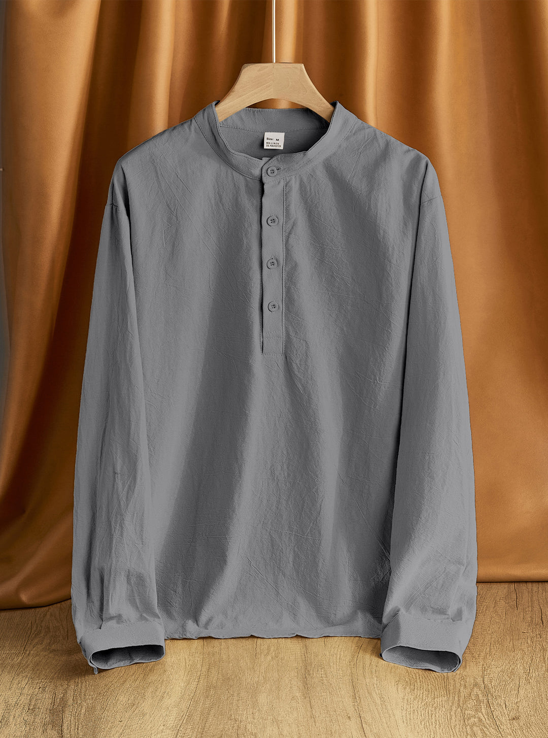 Herren Leinen-Mix Langarmshirt Henley mit Stehkragen Drune