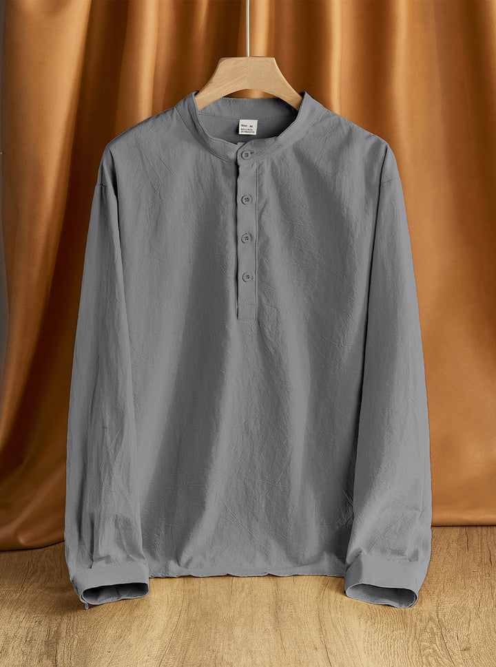 Herren Leinen-Mix Langarmshirt Henley mit Stehkragen Drune