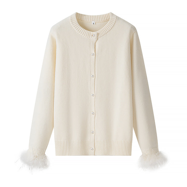 Damen Perlenknopf-Cardigan mit Kunstfeder-Bündchen Drune