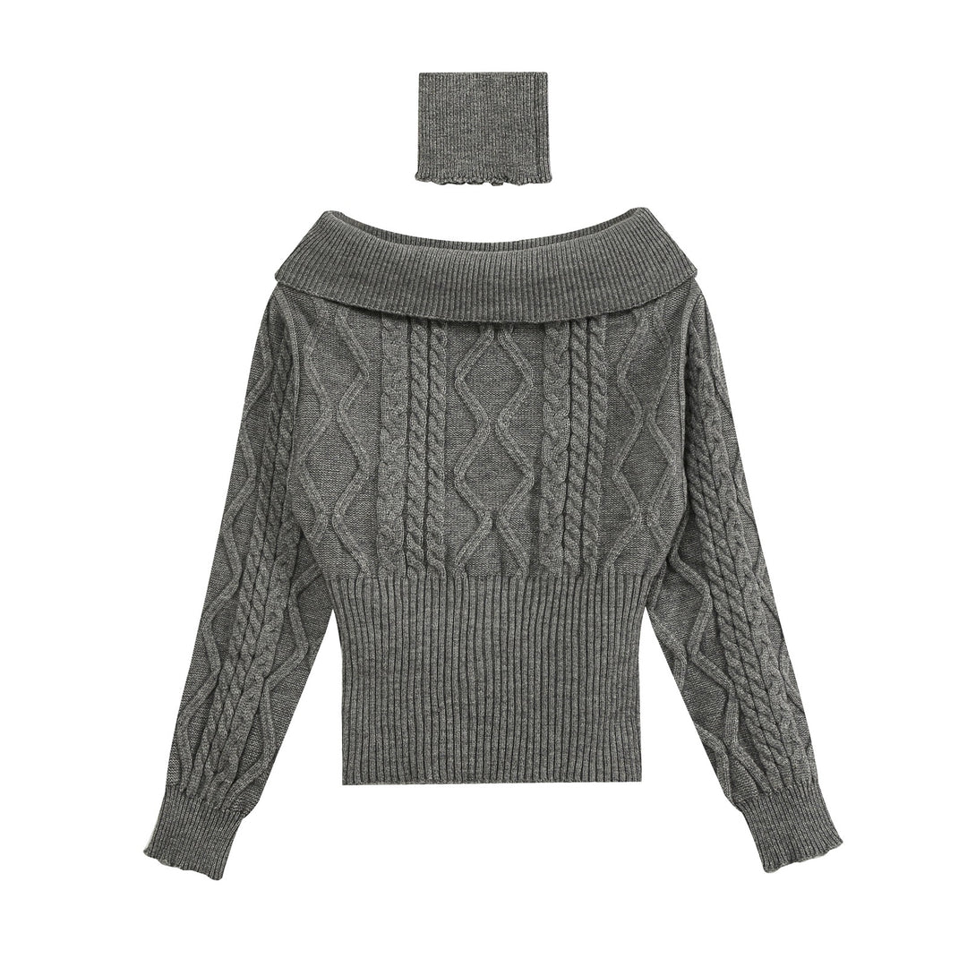 Damen Off-Shoulder Zopfstrick-Pullover mit weitem Rippbund und Umschlagkragen Drune