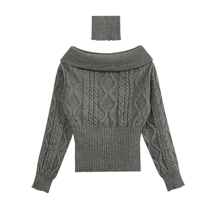 Damen Off-Shoulder Zopfstrick-Pullover mit weitem Rippbund und Umschlagkragen Drune