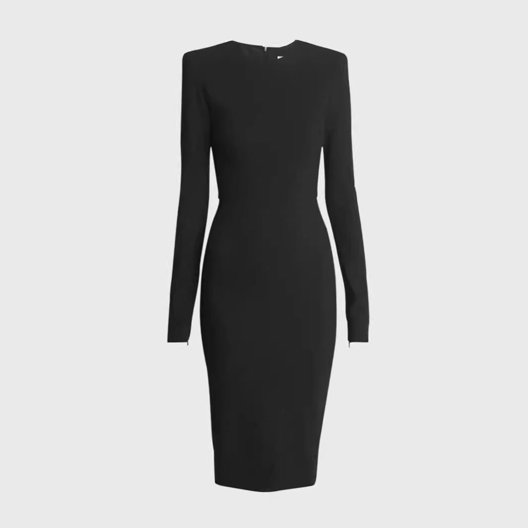 Damen Figurbetontes Midikleid mit Rundhalsausschnitt und langen Ärmeln Drune