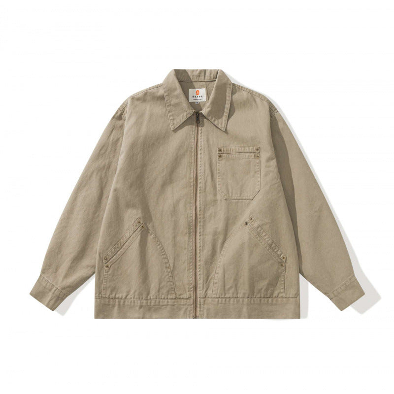 Unisex Kastenförmige Canvas-Worker-Jacke mit Frontreißverschluss und Nietapplikationen Drune