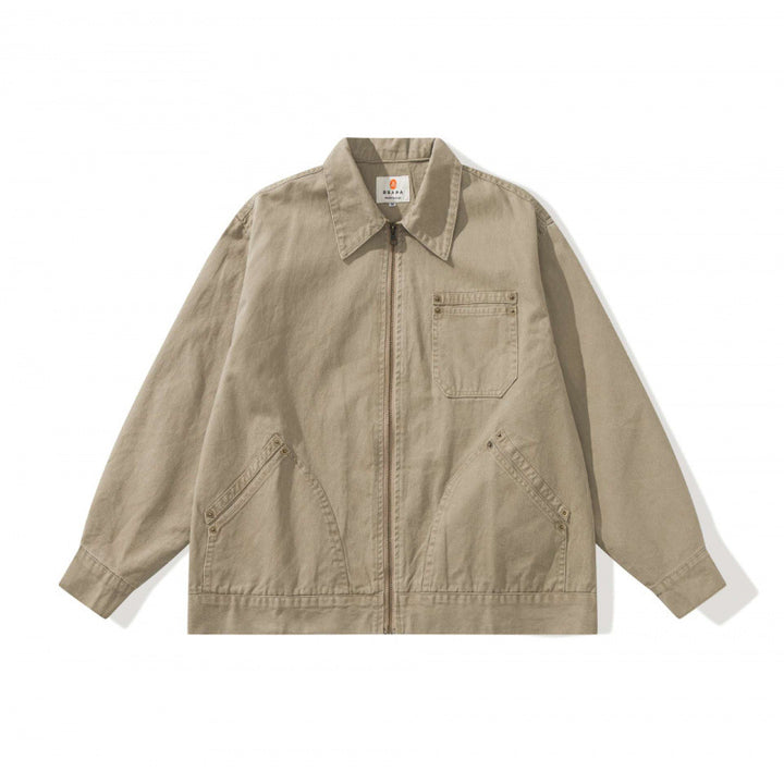 Unisex Kastenförmige Canvas-Worker-Jacke mit Frontreißverschluss und Nietapplikationen Drune
