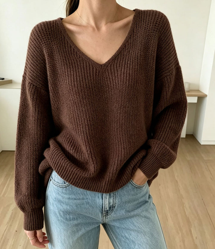 Damen Lässiger Boxy-Grobstrickpullover mit V-Ausschnitt und gerippten Bündchen Drune