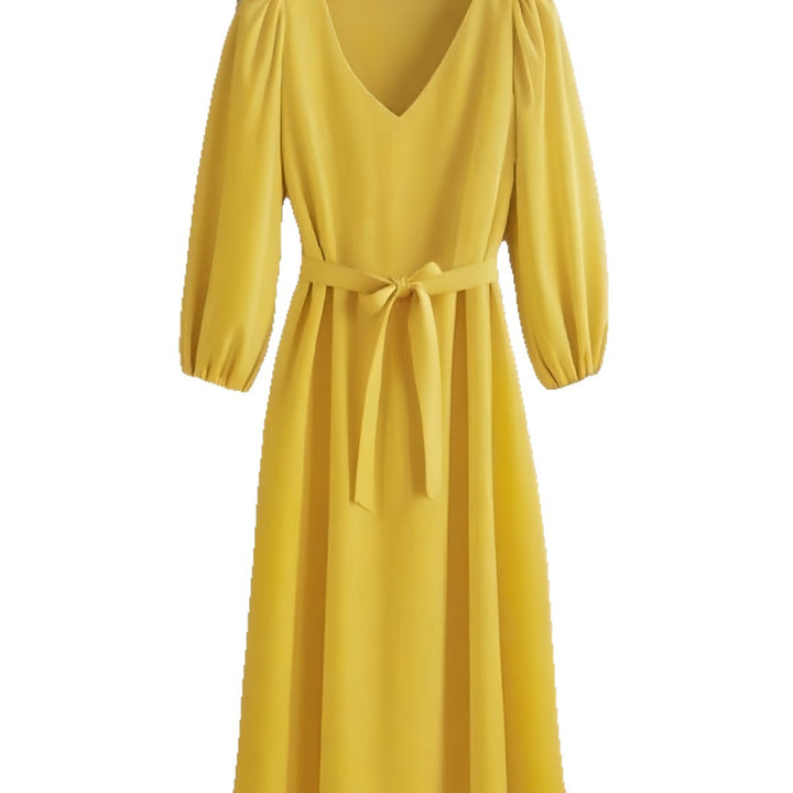 Damen Maxikleid mit V-Ausschnitt und eleganten Puffärmeln Drune