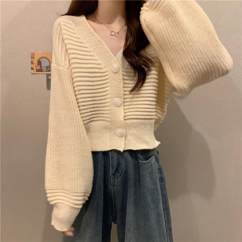 Damen gemütlicher und eleganter Strickcardigan mit voluminösen Ärmeln und Knopfdetails Drune