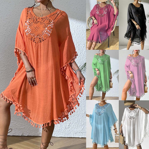 Damen Strandtunika mit elegantem Häkelmuster und fransigen Details Drune