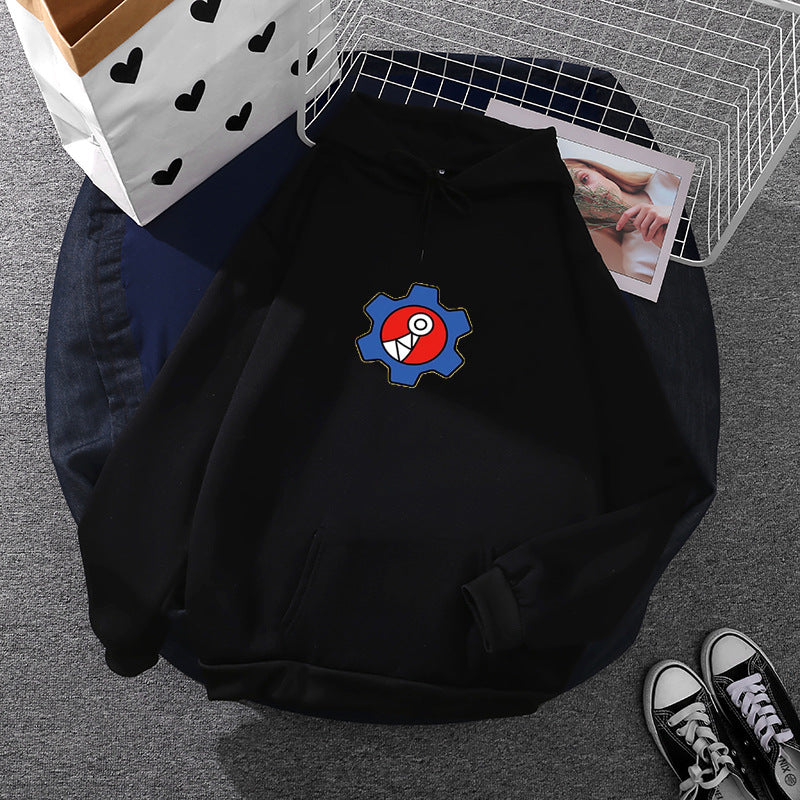 Damen nan oversized Fleece-Kapuzenpullover mit weicher Innenseite, Kängurutasche und appliziertem Zahnrad-Comic-Motiv Drune