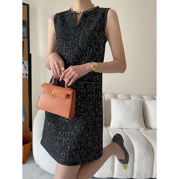 Damen elegantes ärmelloses Kleid mit strukturiertem Gewebe und Taschen Drune