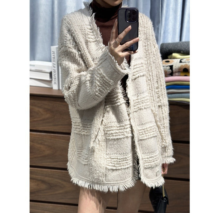 Damen Oversize Strickcardigan mit strukturierter Karomuster‑Optik, Fransen und Eingrifftaschen Drune