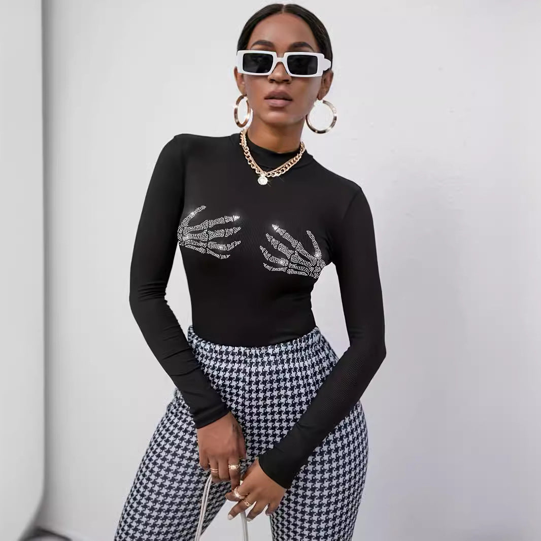 Damen nan figurbetontes transparentes Netz-Langarmshirt mit hohem Kragen und Strass-Skelettmotiv Drune