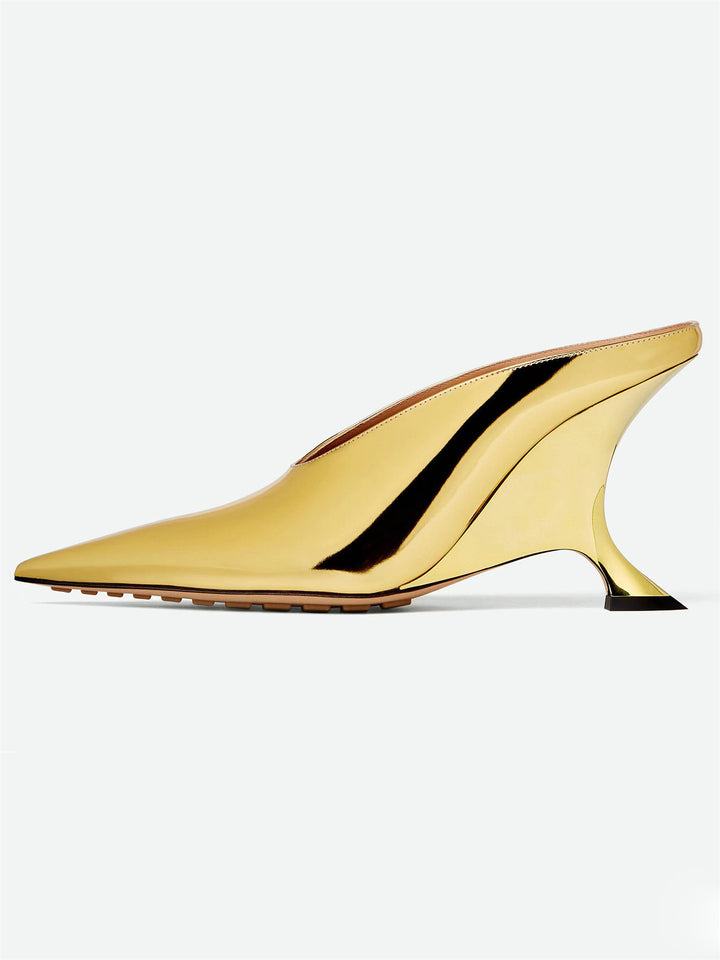 Damen Spitzzehen Metallic Wedge Mules mit skulpturiertem Absatz Drune