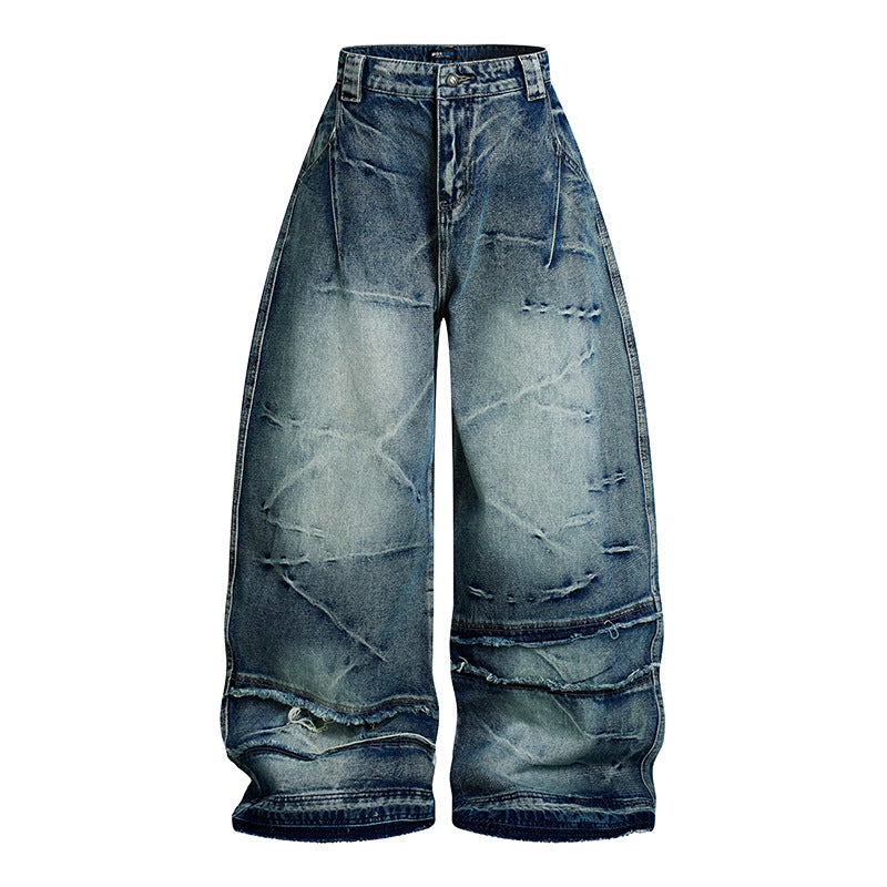 Damen weit geschnittene hochtaillierte Denim-Culottehose mit Used-Effekt und Abriebeffekten Drune