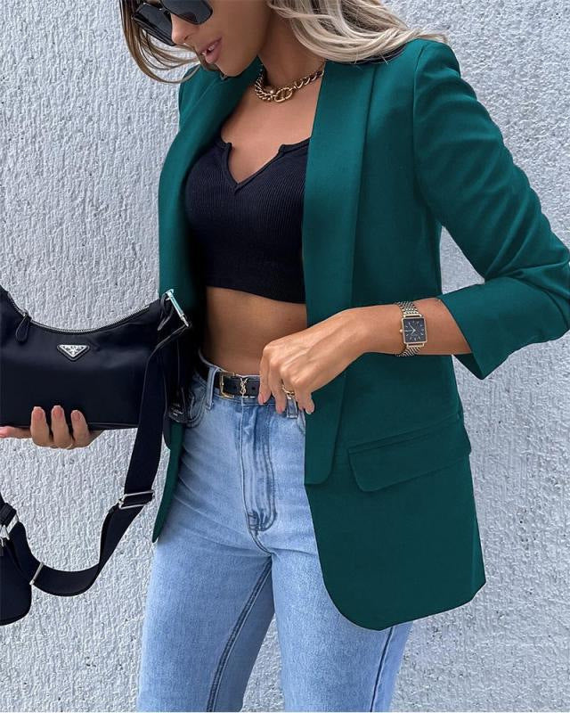 Damen Kariierter Longblazer mit legerer Passform, aufgesetzten Taschen und Dreiviertelärmeln Drune