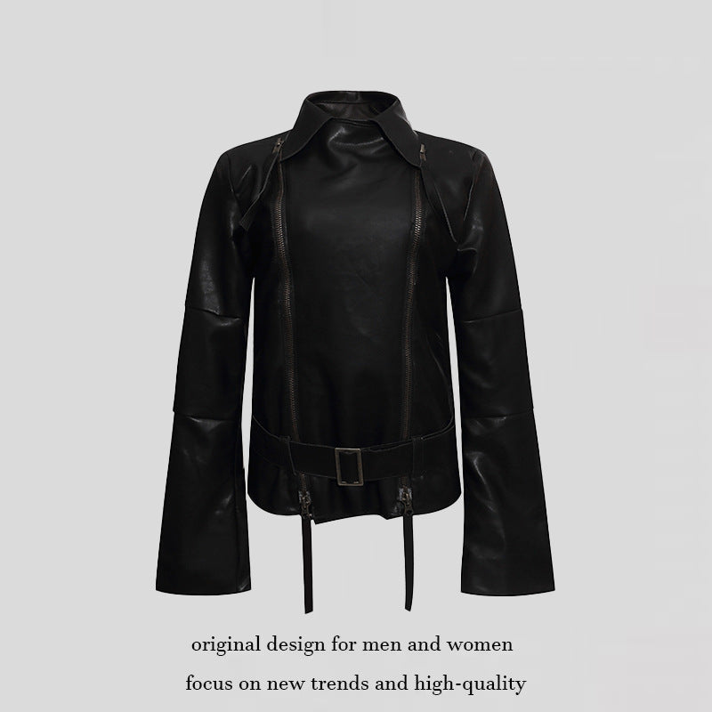 Damen Kunstleder-Bondagejacke mit verlängerten Ärmeln, Doppel-Reißverschlüssen und Taillengürtel Drune