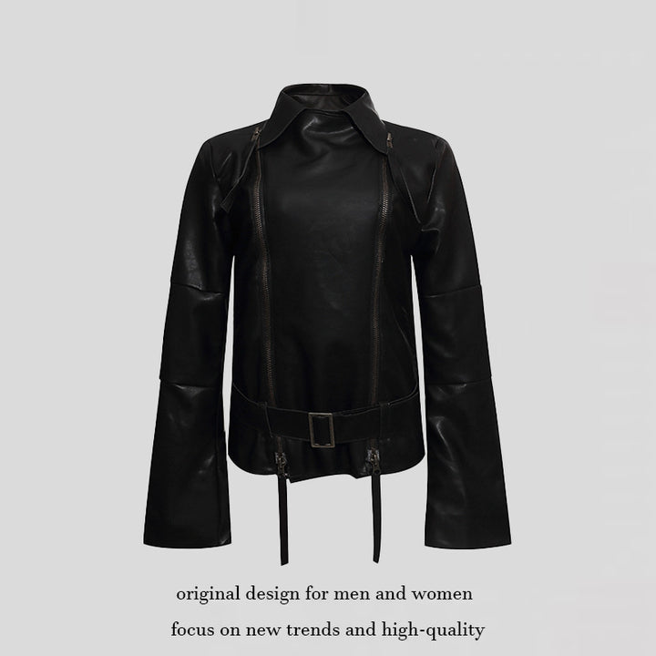 Damen Kunstleder-Bondagejacke mit verlängerten Ärmeln, Doppel-Reißverschlüssen und Taillengürtel Drune