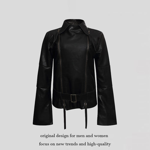 Damen Kunstleder-Bondagejacke mit verlängerten Ärmeln, Doppel-Reißverschlüssen und Taillengürtel Drune