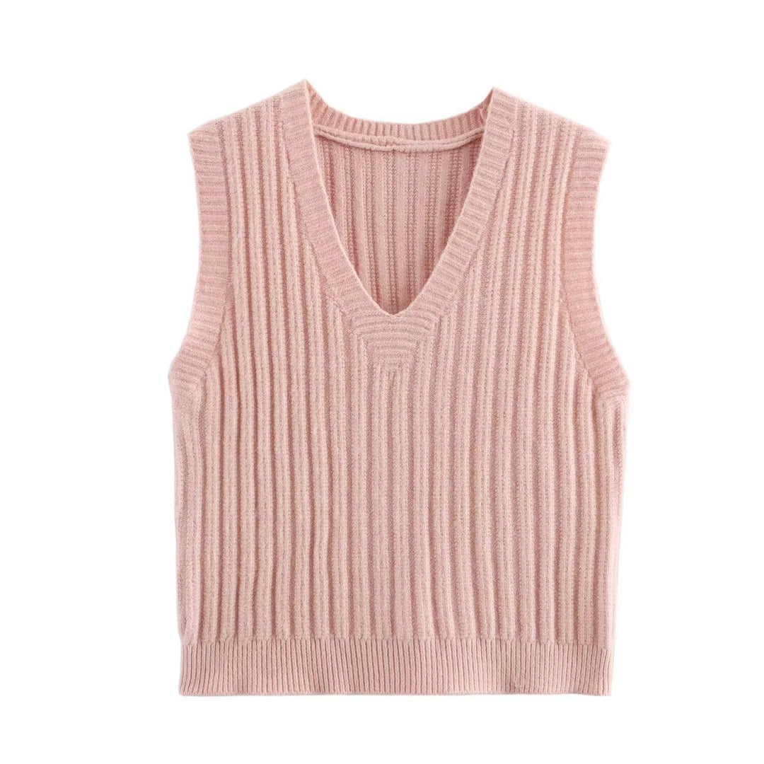 Damen V-Ausschnitt Rippenstrick Ärmelloser Pullover Drune