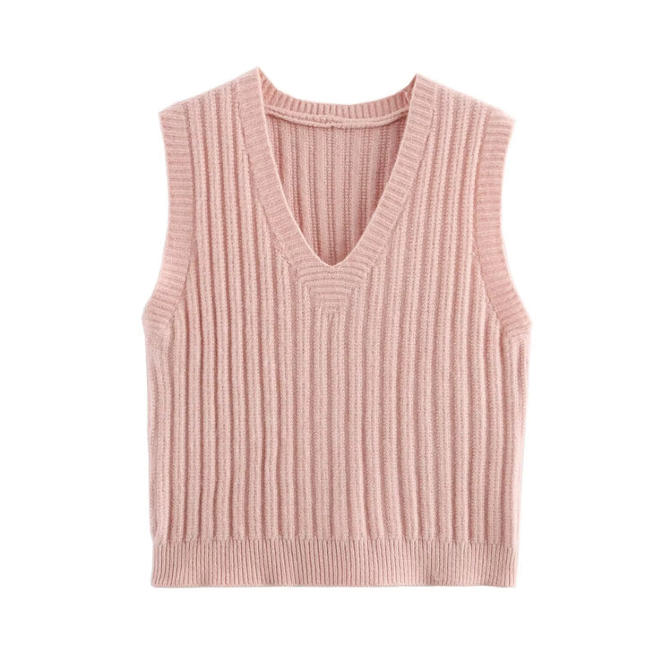 Damen V-Ausschnitt Rippenstrick Ärmelloser Pullover Drune