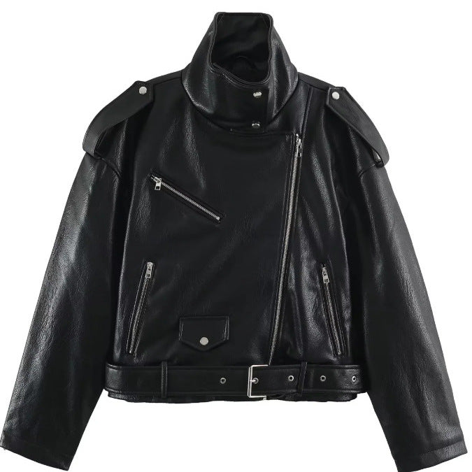 Damen Kurz geschnittene Bikerjacke aus Kunstleder mit asymmetrischem Reißverschluss, Stehkragen und Schulterklappen Drune