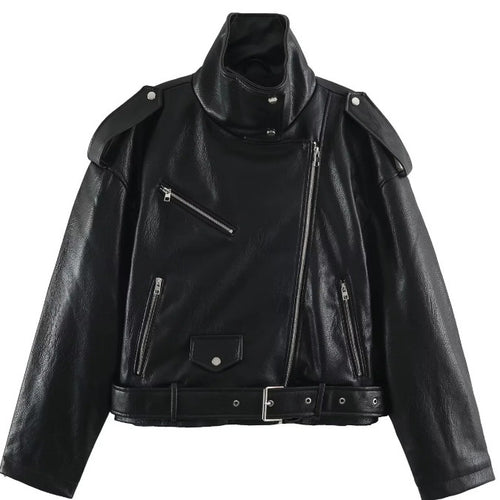 Damen Kurz geschnittene Bikerjacke aus Kunstleder mit asymmetrischem Reißverschluss, Stehkragen und Schulterklappen Drune