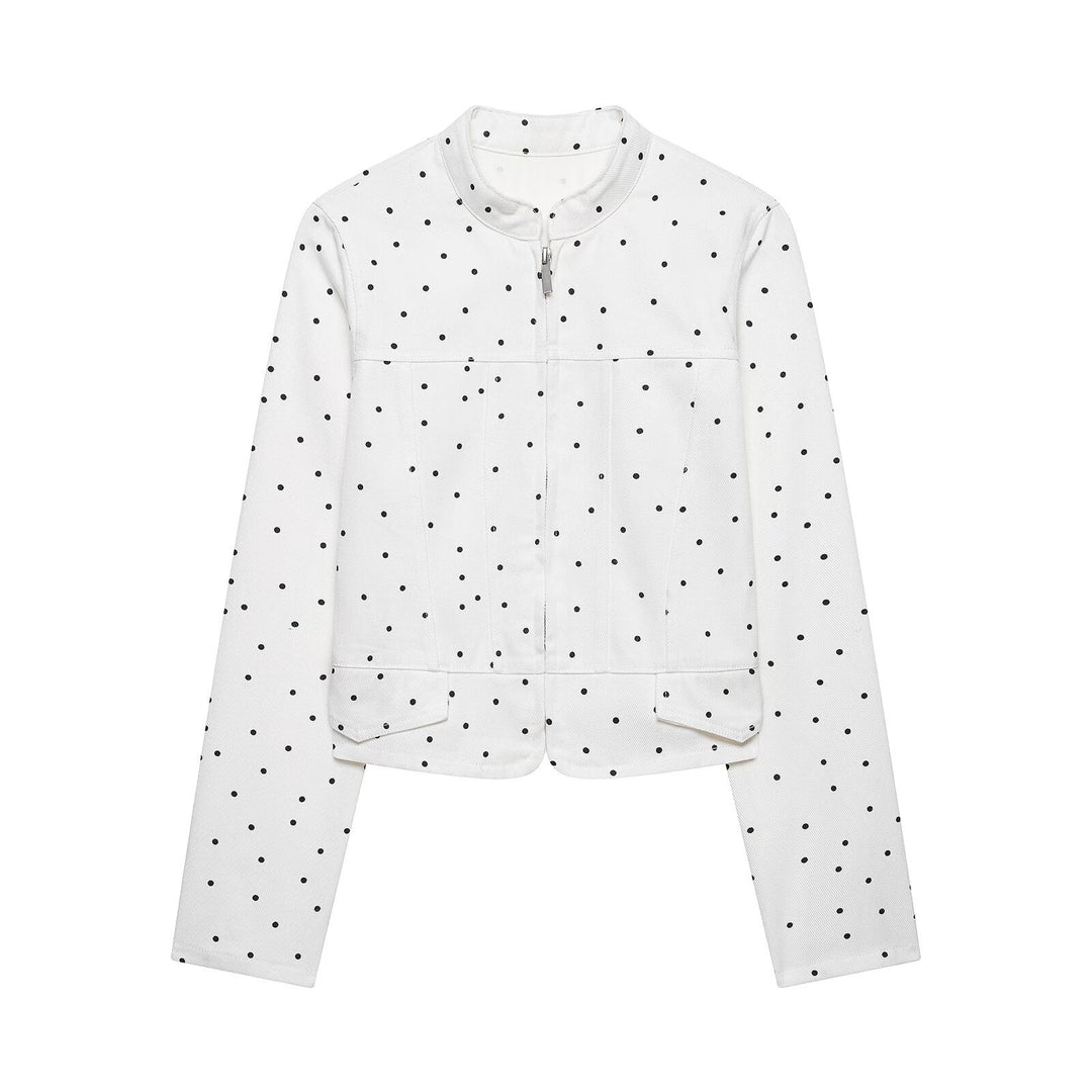 Damen Gepunktete Kurzjacke mit Stehkragen, Reißverschluss und Pattentaschen Drune