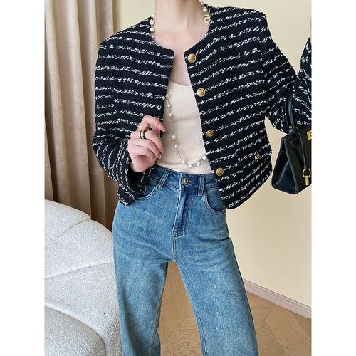 Damen elegante Bouclé-Jacke mit dekorativen Knöpfen Drune