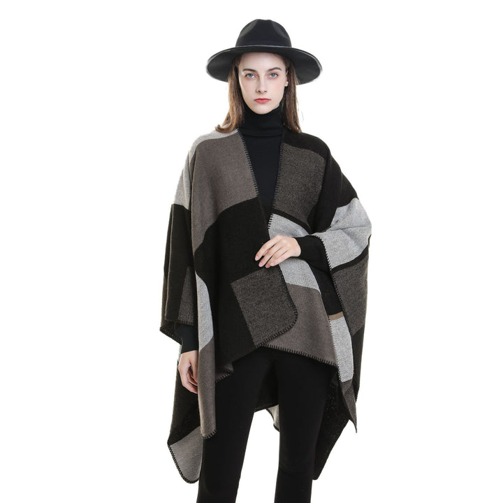 Damen Dreieckiger Strickponcho mit geometrischem Jacquardmuster und Ziernaht Drune