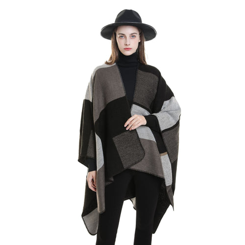 Damen Dreieckiger Strickponcho mit geometrischem Jacquardmuster und Ziernaht Drune