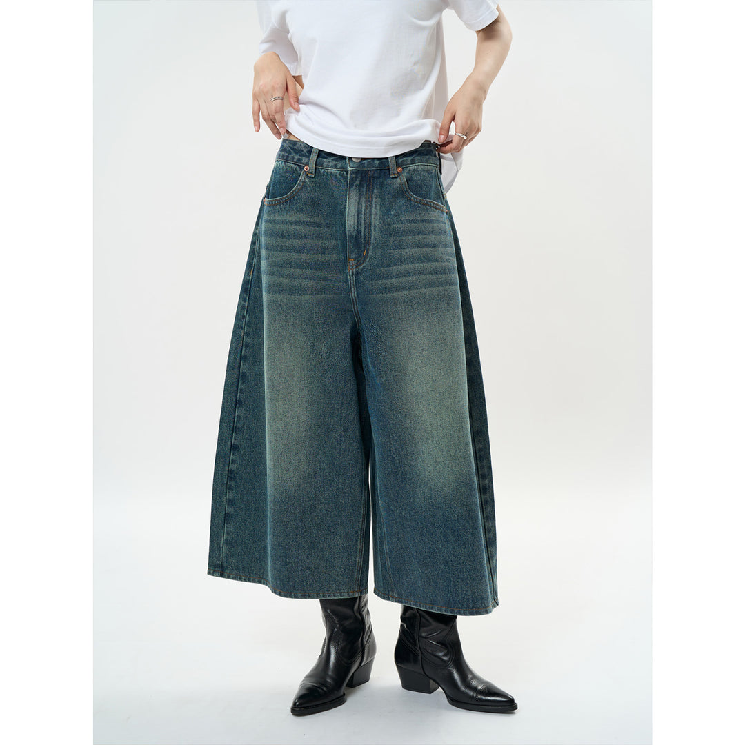 Damen Weite High‑Waist Denim‑Culotte im Cropped Baggy‑Stil Drune