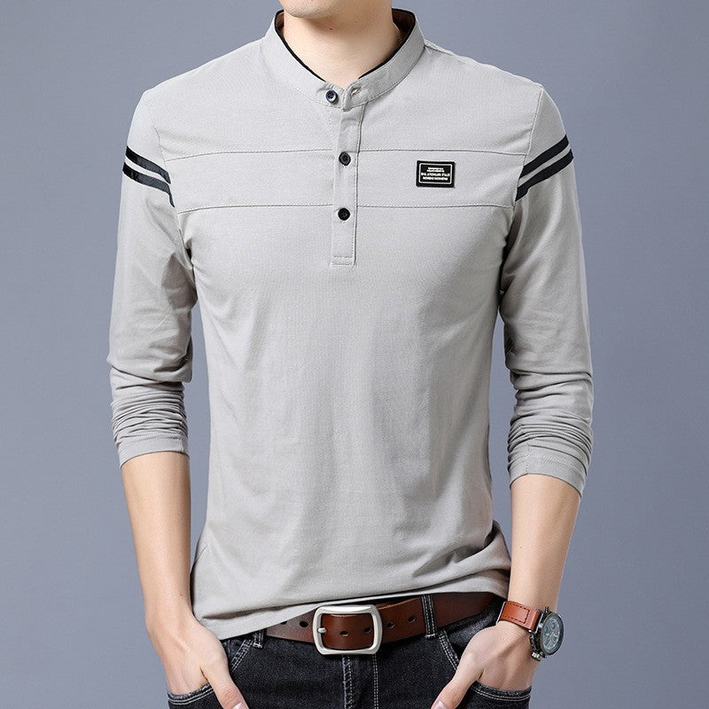 Herren Slim-Fit Langarm-Henley mit Stehkragen und Schulterstreifen Drune