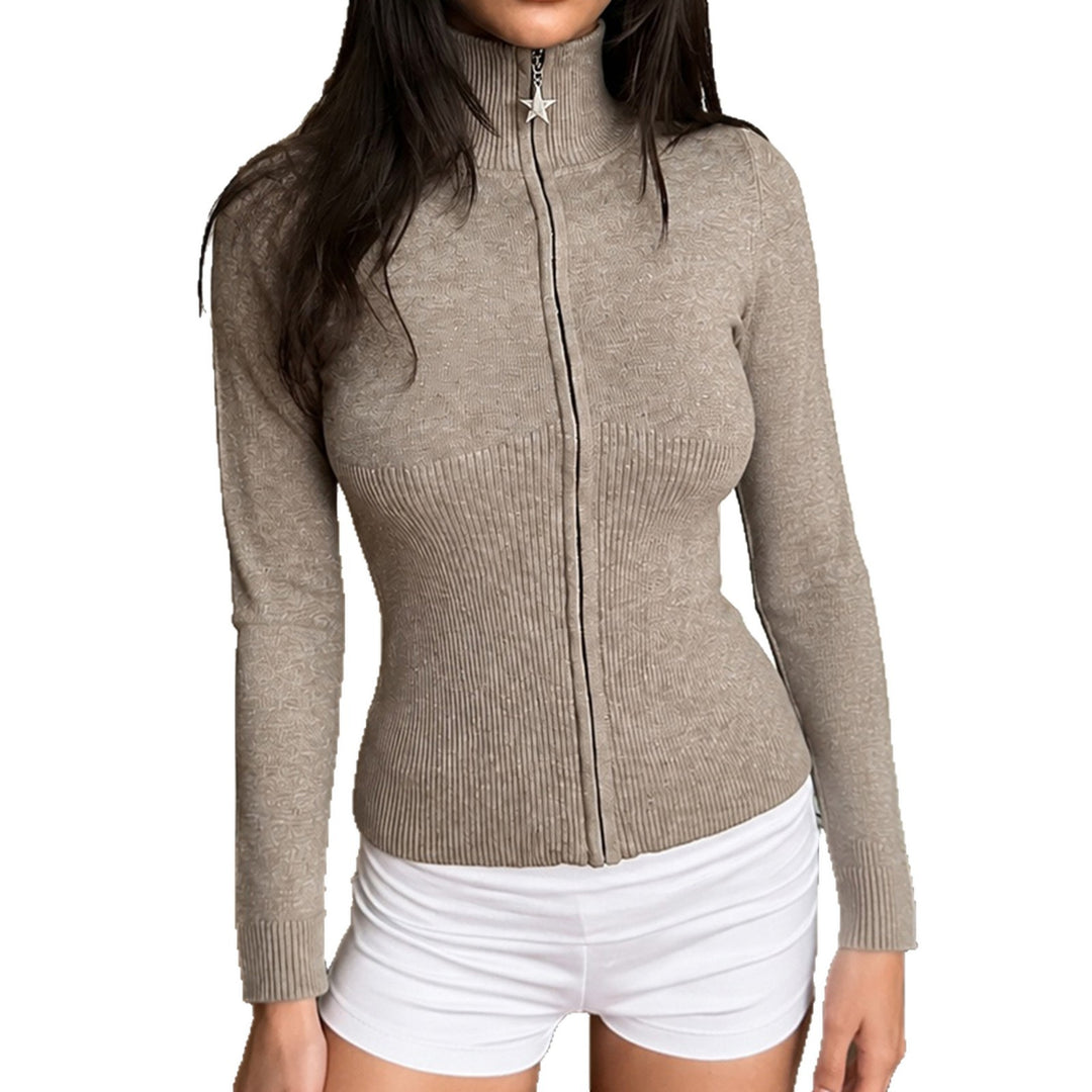 Damen Figurbetonter Zip-Pullover mit Stehkragen und taillierter Rippstruktur Drune
