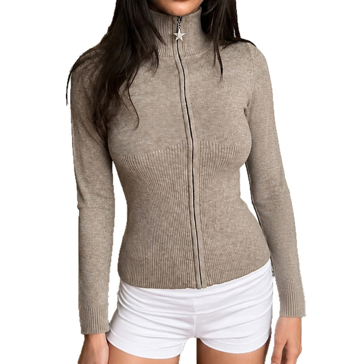 Damen Figurbetonter Zip-Pullover mit Stehkragen und taillierter Rippstruktur Drune