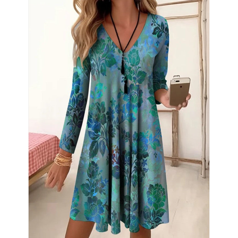 Damen V-Ausschnitt Freizeitkleid mit floraler Gestaltung und seitlichen Taschen Drune