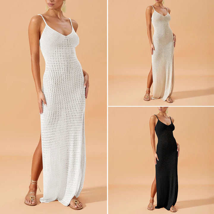 Damen Elegantes Maxikleid mit tiefem V-Ausschnitt und seitlichen Schlitzen Drune