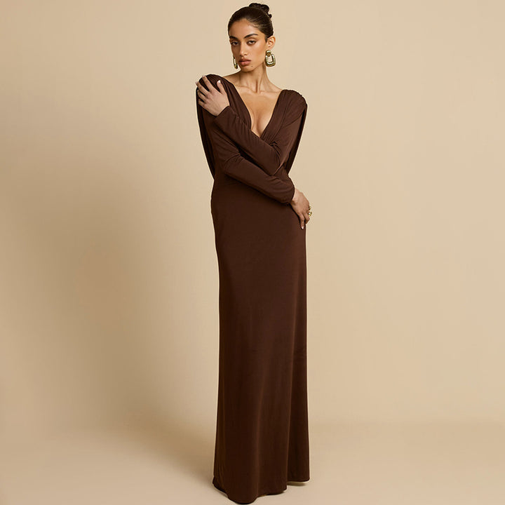 Damen Elegantes Maxikleid mit tiefem V-Ausschnitt und langen Ärmeln Drune