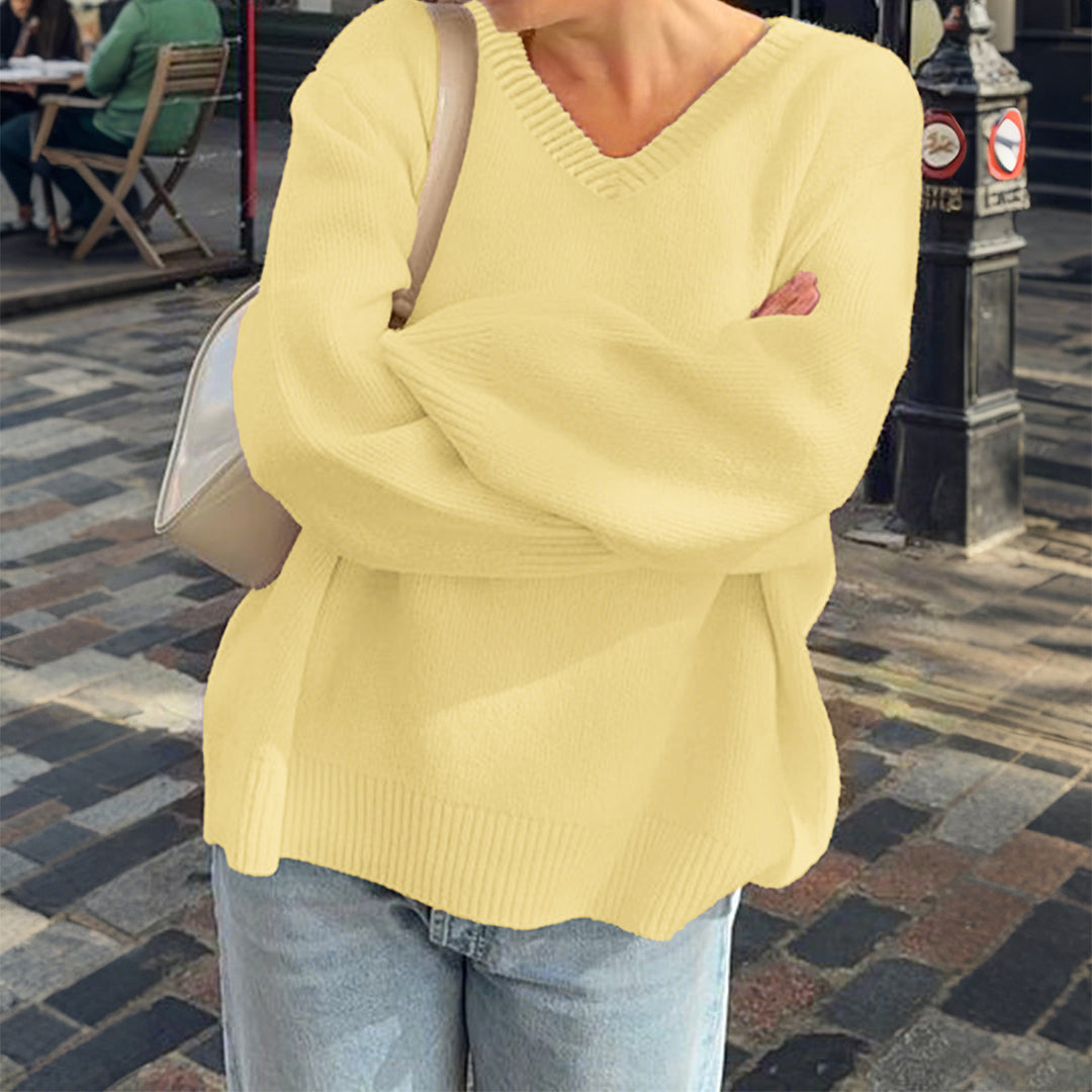 Damen nan oversized V-Ausschnitt Feinstrickpullover mit überschnittener Schulter, langen Kimonärmeln und breitem Rippbund Drune