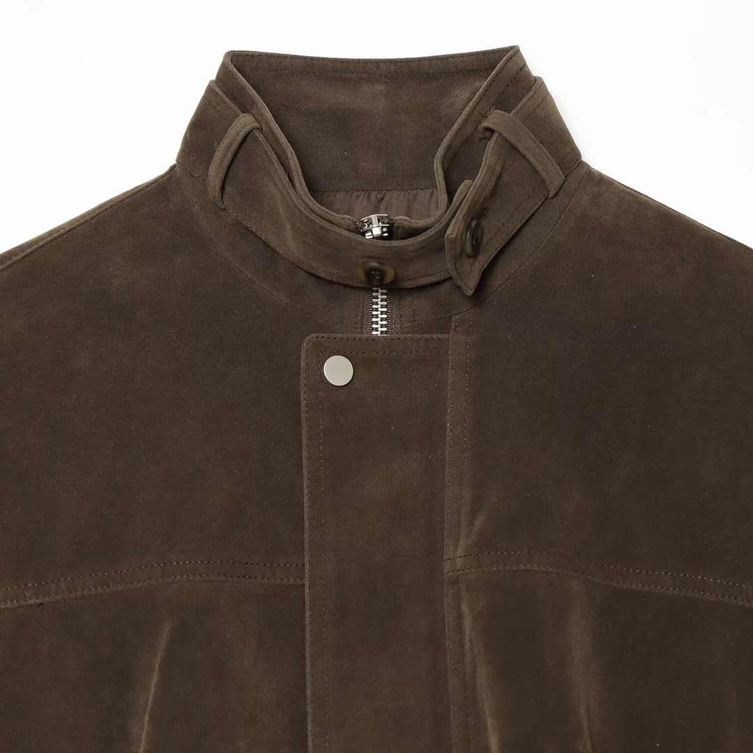 Damen Oversize-Wildleder‑Bomberjacke mit hohem Stehkragen und Reißverschlusstaschen Drune