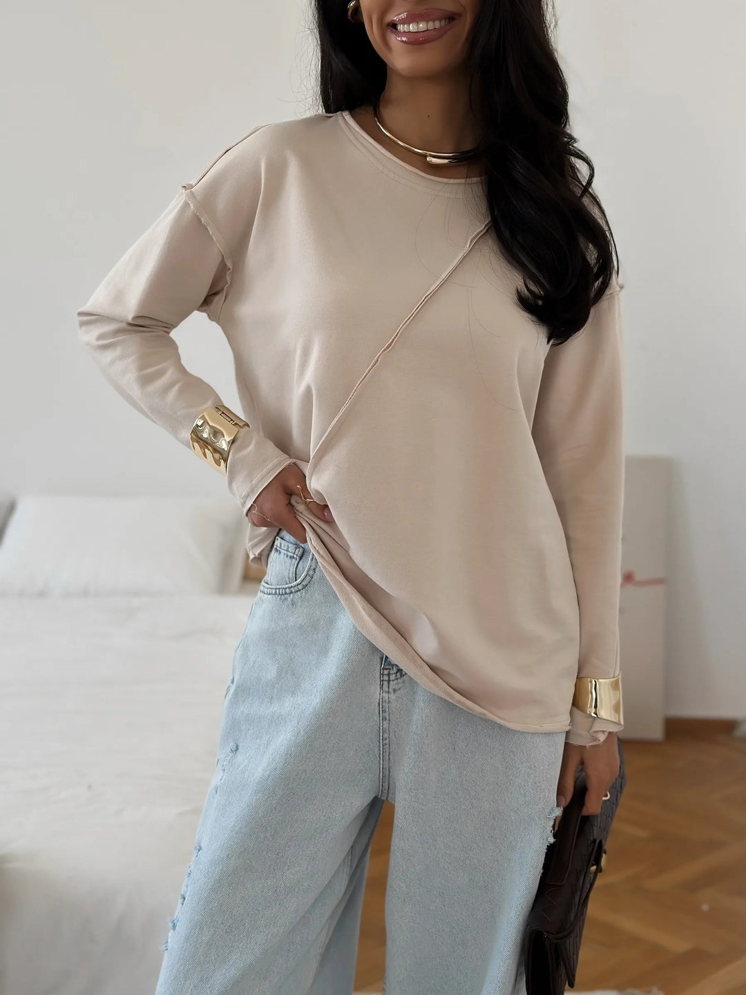 Damen Oversized Longsleeve mit schräger Naht und überschnittenen Schultern Drune