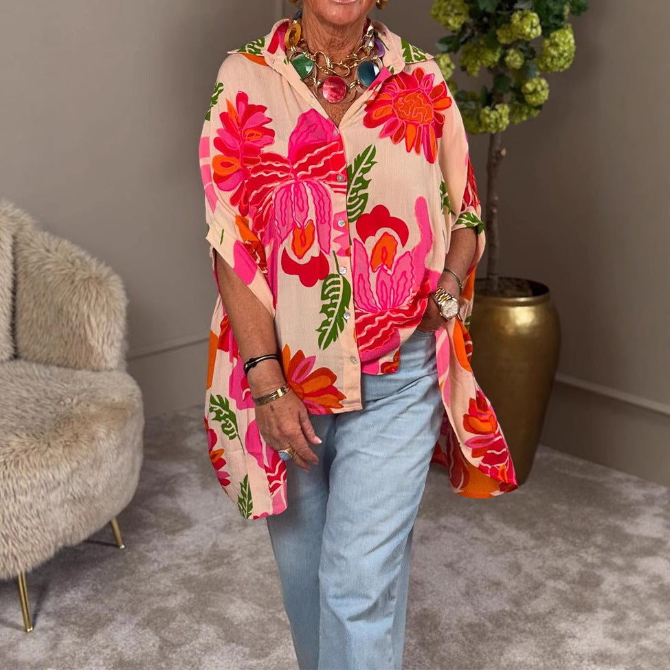 Damen Fließende Kimono-Bluse mit buntem Blumendesign Drune