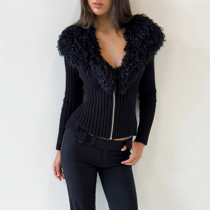 Damen Taillierter Rippstrick-Cardigan mit Reißverschluss und voluminösem Kunstfellkragen Drune