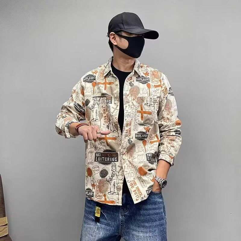 Herren Lockeres Hemdjacke mit Allover-Grafikprint und Brusttaschen Drune